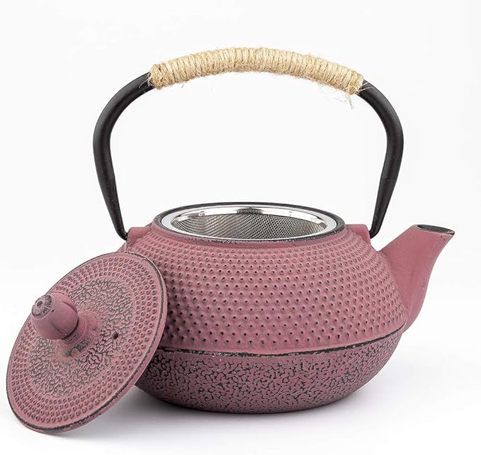 Tea Kettle, Japanese Cast Iron Teapot with Stainless Steel Infuser, Cast Iron Tea Kettle, Durable Cast Iron Teapot Coated with Enameled Interior (Pink Hobnail pattern，900ml/30.4oz)