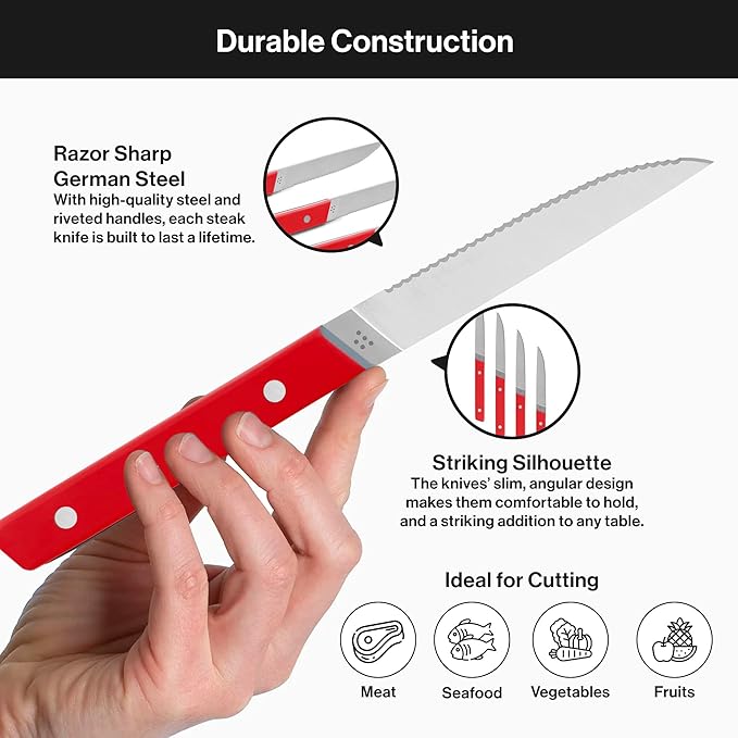 Misen Steak Knives Set of 4 - Precision Serrated Blades for Effortless Dining - German Stainless Steel - Superior Cuts with Four Steak Knives - Comfortable, Sleek Handles - Red