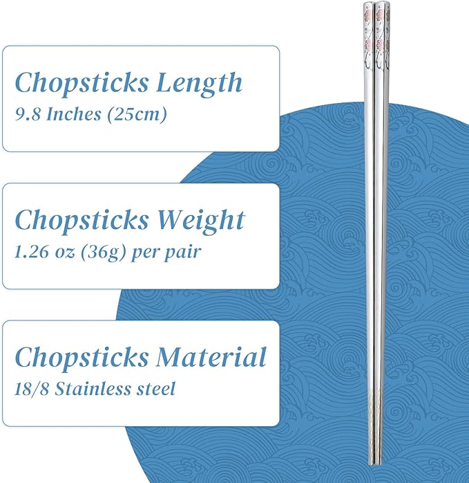 Stainless Steel Chopsticks, Titanium Plated Metal Chopsticks, 9.8" Premium Japanese Korean Color Laser Engraved Cooking Chop Sticks, Dishwasher Safe, Reusable, Anti-slip, Anti-scald, 2 Pairs Gift Set