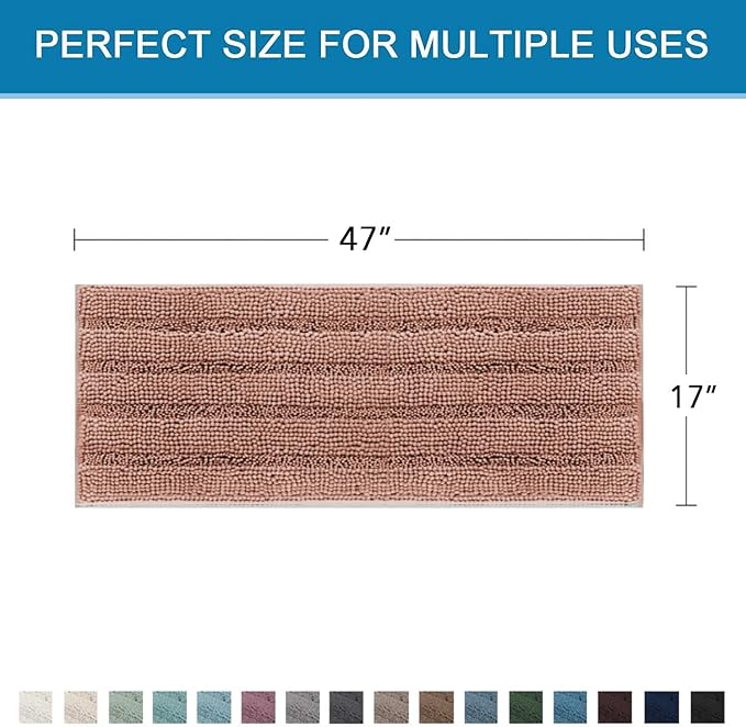 H.VERSAILTEX Bath Rugs for Bathroom Non Slip Bath Mats Extra Thick Chenille Striped Bath Rug Runners 47" x 17" Absorbent Fluffy Soft Shaggy Mats Dry Fast Plush Area Carpet for Bath Room - Muted Clay