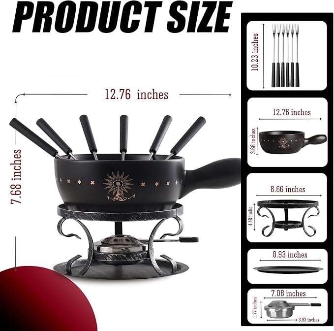 Artestia 2.11-Quart Swiss Fondue Pot Set for Cheese, Chocolate Melting Pot with 6 Fondue Forks and Swiss Vintage Pattern, Perfect for 6 People, 10 Piece (AR-83007)