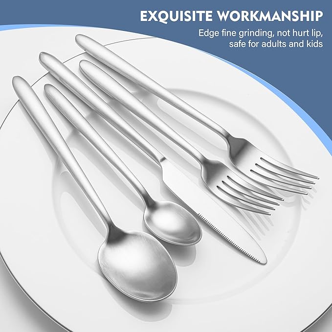 Heavy Duty Silverware Set, EIUBUIE 40-Piece Premium Stainless Steel Flatware Sets For 8, Matte Brushed Finish Cutlery Tableware Modern Kitchen Utensils Set for Home Restaurant, Dishwasher Safe