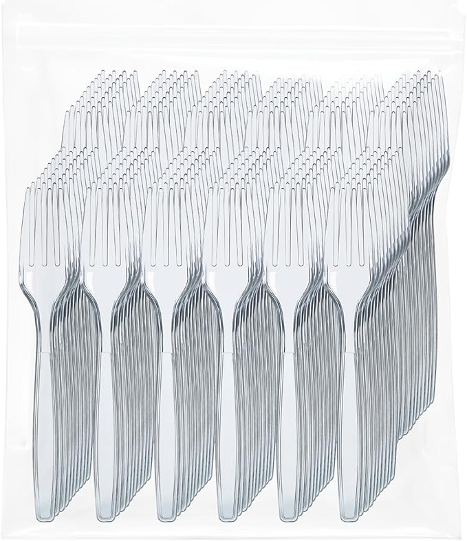 Prestee 500 Clear Plastic Forks - Heavyweight Disposable Forks, Sturdy Flatware, Elegant Fork for Parties, Bulk Disposable Silverware Set, Clear Plastic Utensils - Flatware