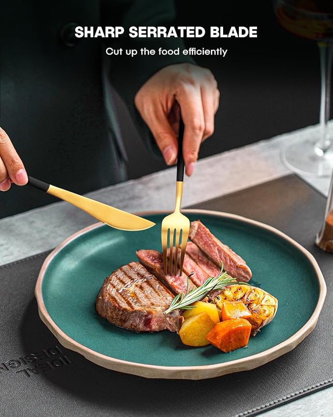 EUIRIO 40-Piece Modern Matte Silverware Set, Black Gold Flatware Set for 8, Premium Stainless Steel Cutlery Set with Forks Spoons and Knives, Heavy Duty Kitchen Utensil Sets, Dishwasher Safe