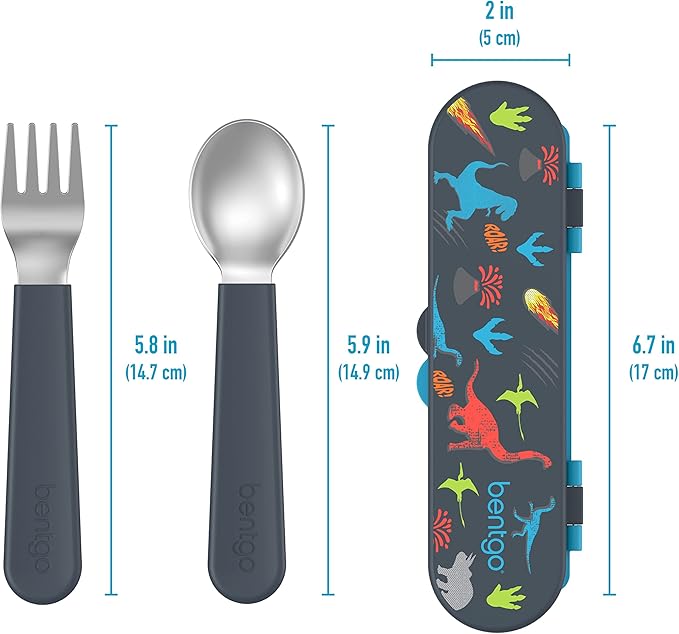Bentgo Kids Stainless Steel Utensil Set - Reusable Fork, Spoon & Storage Case - High-Grade BPA-Free Stainless Steel, Easy-Grip Handles, Dishwasher Safe for School Lunch, Travel & Outdoors (Dinosaur)