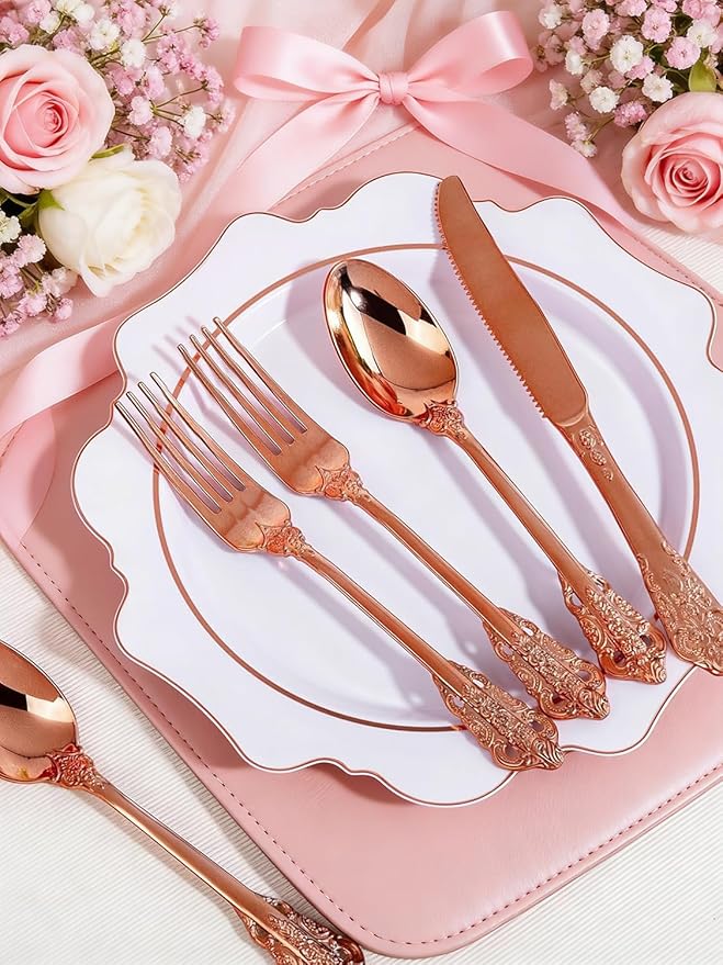 WDF 120Pieces Rose Gold Plastic Silverware - Heavy Duty Rose Gold Plastic Cutlery Set - Disposable Utensils - Flatware Includes 40 Forks, 40 Spoons, 40 Knives for Wedding, Valentines Day