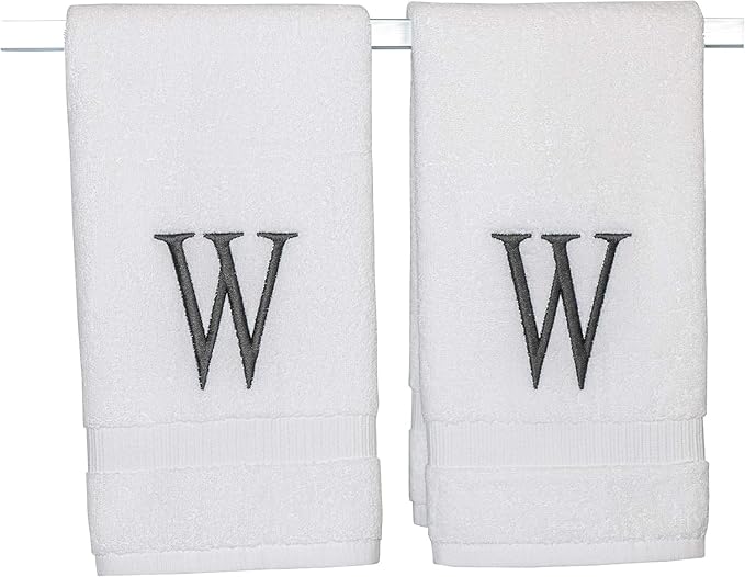 Dark Gray Luxury Hand Towel for Bathroom - Monogrammed Initial Hotel Quality Decorative Embroidered Towel for Powder Room, Spa - GOTS Organic Certified - Pack of 2, Letter W
