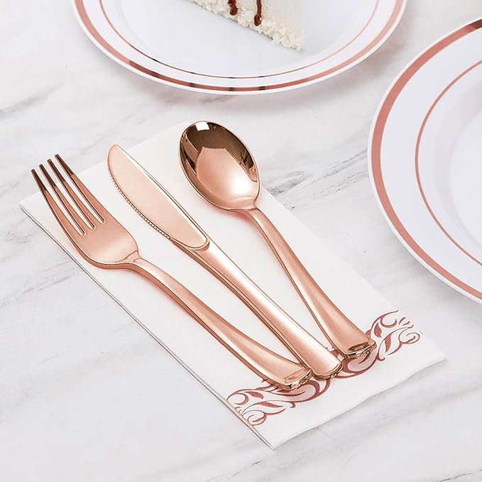 Goodluck 150PCS Rose Gold Plastic Silverware, Rose Gold Utensil Disposable, Plastic Cutlery Set of 50 Forks, 50 Spoons, 50 Knives for Wedding, Party, Valentines