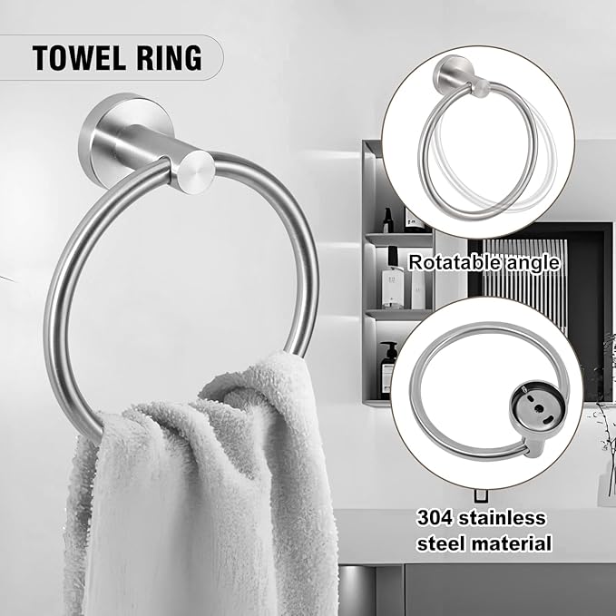5-Piece Towel Racks for Bathroom, Stainless Steel Bathroom Accessories Set, Bathroom Towel Holder Wall Mounted, Sturdy Bath Towel Bar Set Bathroom Hardware Set (Brushed, 2 Pillar Paper Holder)