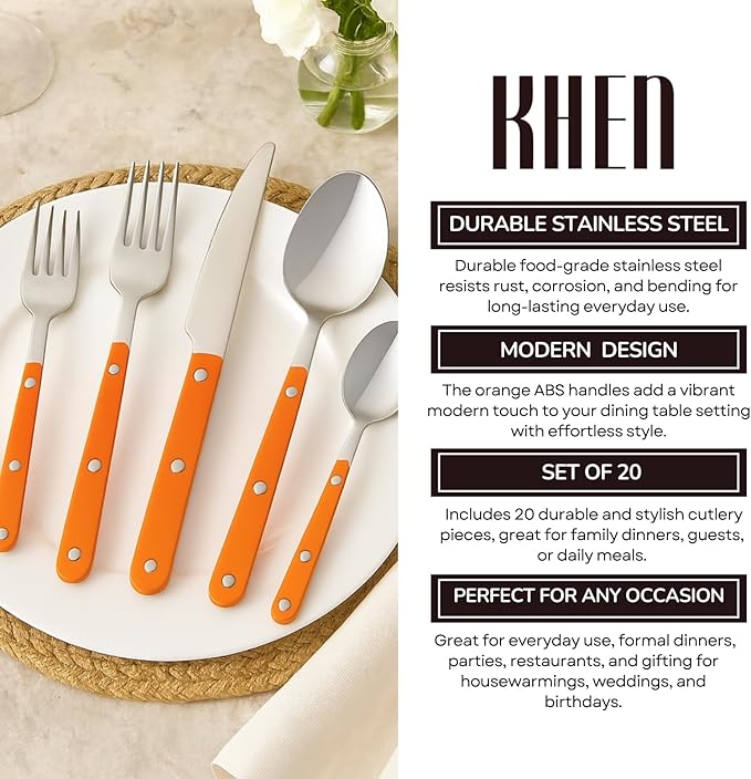 Khen 20-Piece Cutlery Set with Dinner Knives, Forks, Spoons, Salad Forks & Teaspoons – Durable and Dishwasher Safe Utensil Set for Home, Kitchen, Parties & Special Occasions – Orange Handle