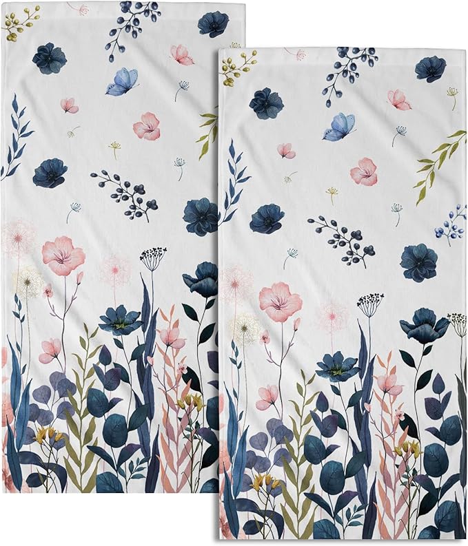 Imiss Navy Blue Pink Floral Hand Towels for Bathroom Set of 2 Poppy Flowers Botanical Leaf Guest Face Towel 14.4 x 28.3 Inch for Kitchen Gym Hotel Spa