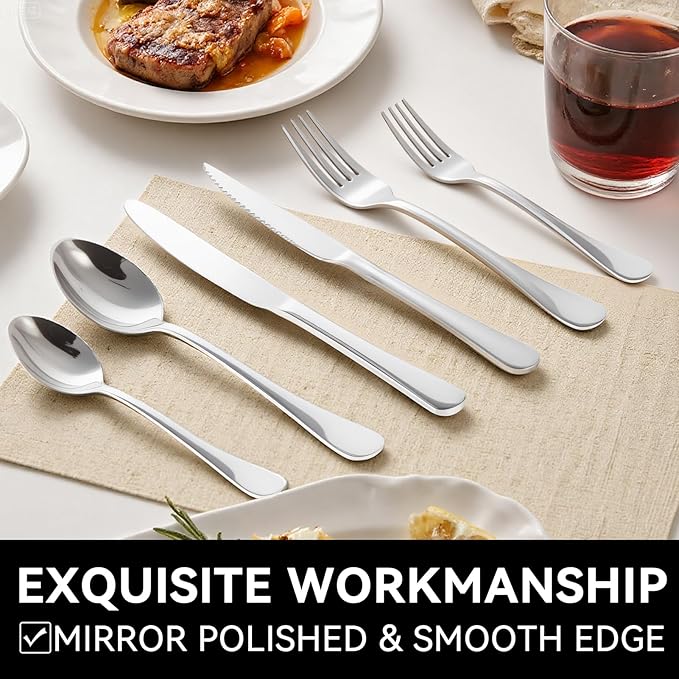 49-Piece Stainless Steel Silverware Set with Cutlery Organizer, Service for 8 with Steak Knives and Kitchen Utensils (49PCS Silverware with Tray)