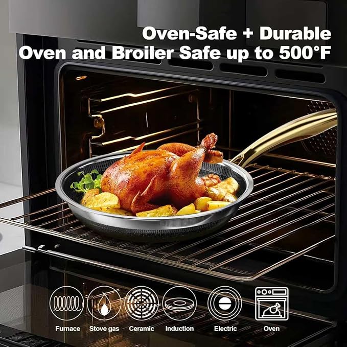 Fogdream 8"10"12" Stainless Steel Pan, Non Stick Frying Skillet, Tri-Ply Stainless Steel for All Cooktops, Dishwasher and Oven-Safe Cooking Pan, Stay-Cool Handle, Gold