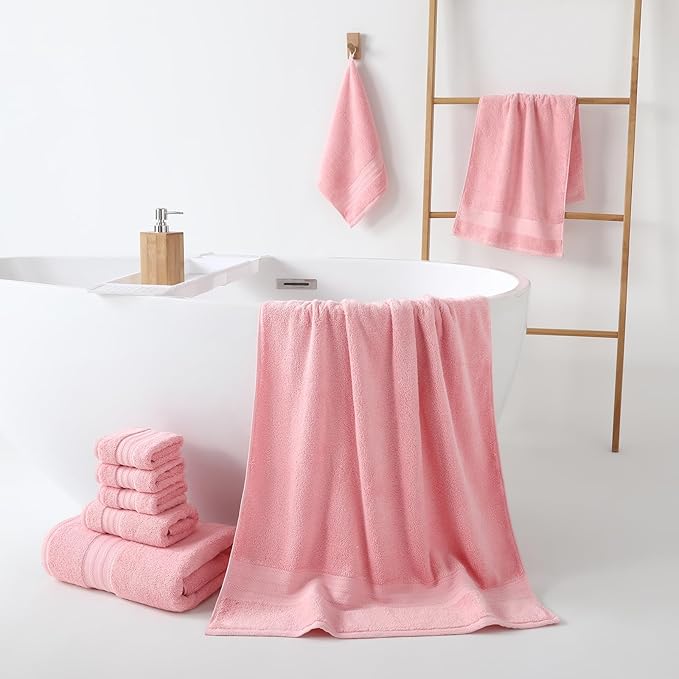 REDKISS Pink Towel Set of 8-100% Cotton Luxury Bath Towels Set for Bathroom, 600 GSM Highly Absorbent Bathroom Towel with 2 Large Bath Sheet, 2 Hand, 4 Washcloths, Pink Shower Towels for Dorm