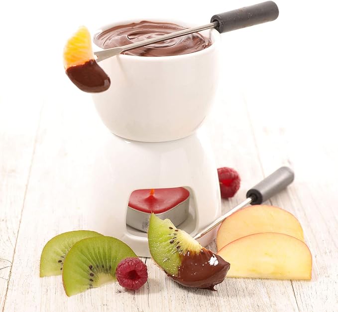 Mudder Fondue Mug Ceramic Pot and 8 Pieces Forks for Melting Chocolate, Cheese, Broth Or Tapas On Valentine‘s Day(Red and White)