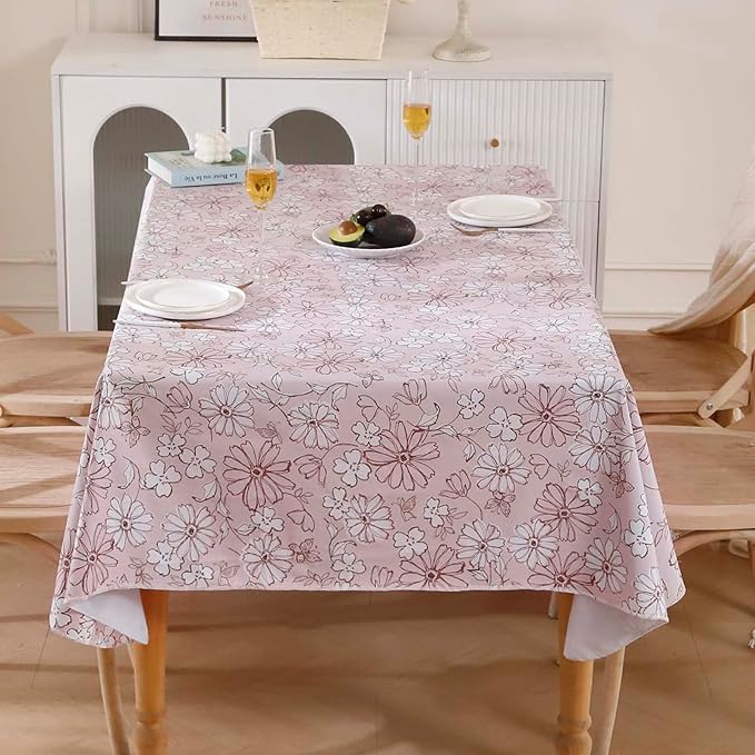 Heavy Duty Vinyl Tablecloth with Flannel Backing Waterproof Oil-Proof Plastic Table Cloth Stain-Resistant Wipeable Rectangle or Square Table Cover for Indoor and Outdoor (Red Flower,52x70 Inch)