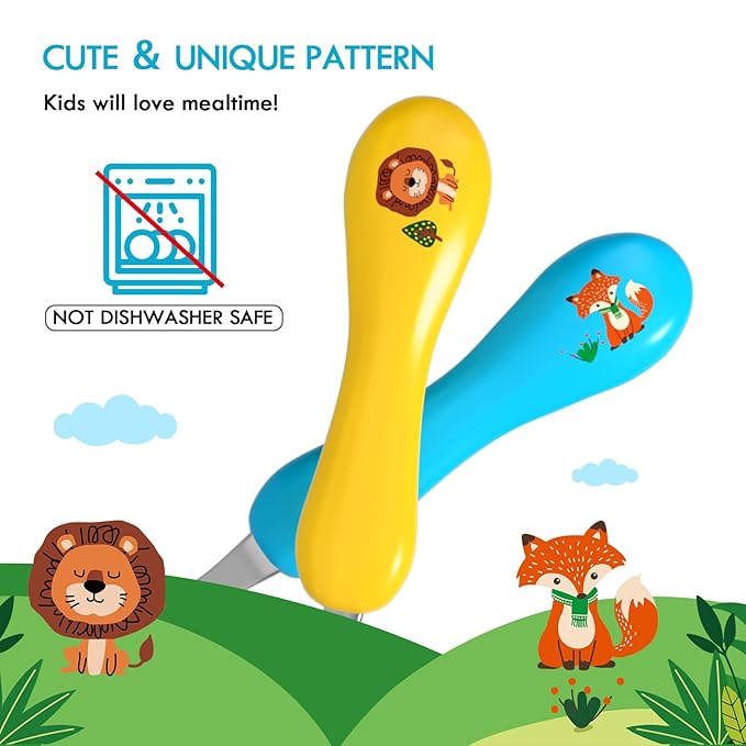 Lehoo Castle 6 Pieces Toddler Utensils, Kids Silverware for 2 3 4 Years Old, Stainless Steel Fork and Spoon Set with Plastic Handle, Safe Toddler Cutlery (Blue Yellow)