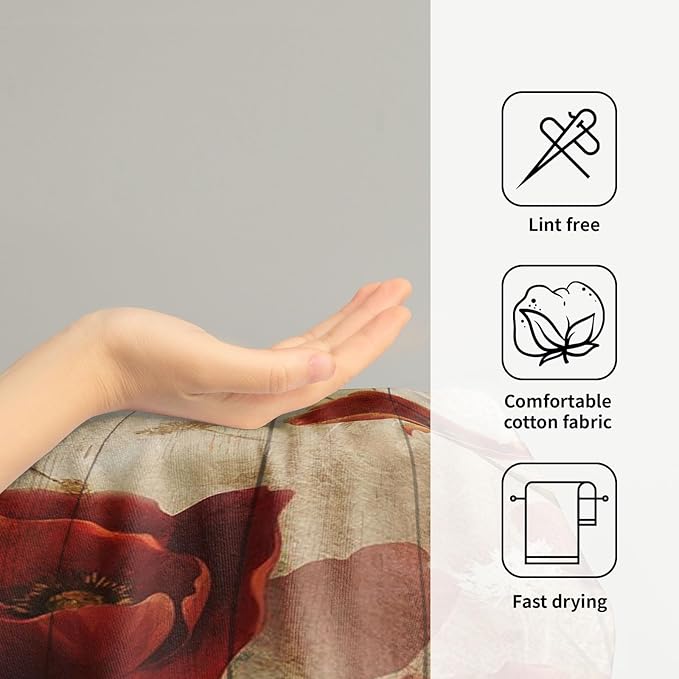 Imiss Red Poppy Flower Hand Towels Set of 2 - Rustic Brown Wooden Multi-Purpose Guest Kitchen Towel 14.4 x 28.3 Inch for Face Bathroom Gym Spa