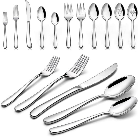 66-Piece Heavy Duty Silverware Set for 12, LIANYU Thick Flatware Set with Serving Utensils, Stainless Steel Cutlery Tableware Include Fork Knife Spoon, Mirror Finished, Dishwasher Safe