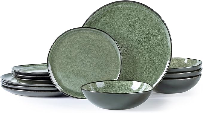 AmorArc Ceramic Dinnerware Sets,Handmade Reactive Glaze Stoneware Plates and Bowls Set,Highly Chip and Crack Resistant | Dishwasher & Microwave Safe Dishes Set,Service for 4 (12pc)