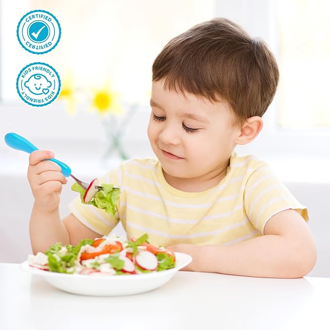 Lehoo Castle 6 Pieces Toddler Utensils, Kids Silverware for 2 3 4 Years Old, Stainless Steel Fork and Spoon Set with Plastic Handle, Safe Toddler Cutlery (Blue Yellow)