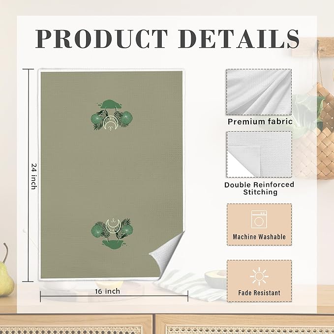 Sage Green Boho Botanical Kitchen Dish Towels, Mystical Witchy Celestial Sun and Moon Evil Eye Decorative Hand Towel for Bathroom, Boho Witchy Kitchen Bathroom Decor, 16x24 Inch Set of 3