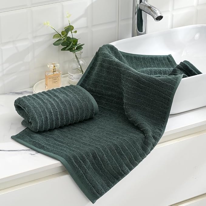 sense gnosis Forest Green Hand Towel Set of 2 Stereoscopic Striped Pattern Soft Absorbent 100% Cotton Luxury Decorative Bathroom Hand Towel 13 x 29 Inch