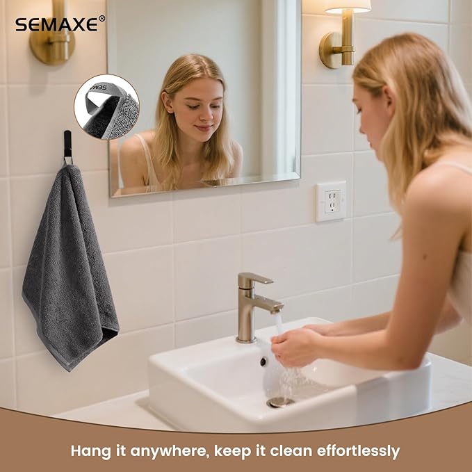 SEMAXE 12 Pack Hand Towels for Bathroom, 100% Cotton Towels with Hanging Loops, Soft and Highly Absorbent, Hand Towel Set for Gym, Shower, Hotel, Spa and Kitchen, Grey