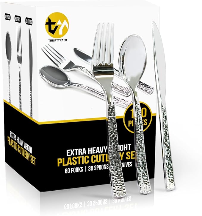 120 Pcs Disposable Cutlery Set, Silvery Plastic Silverware,60 Forks, 30 Spoons, 30 Knives, Heavy Duty Flatware for Holidays, Parties, Dinners, Weddings, and Occasions