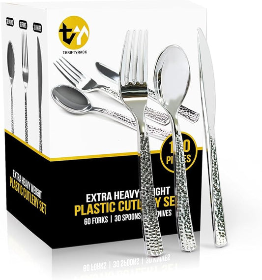 120 Pcs Disposable Cutlery Set, Silvery Plastic Silverware,60 Forks, 30 Spoons, 30 Knives, Heavy Duty Flatware for Holidays, Parties, Dinners, Weddings, and Occasions