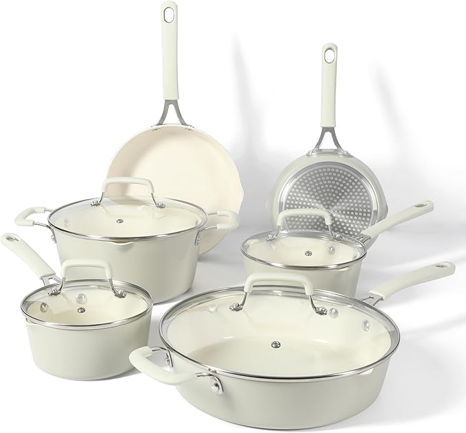 Martha Stewart Heathland Premium Nonstick PFA Free Ceramic Interior 10-Piece Tapered Aluminum Cookware Set - Linen White