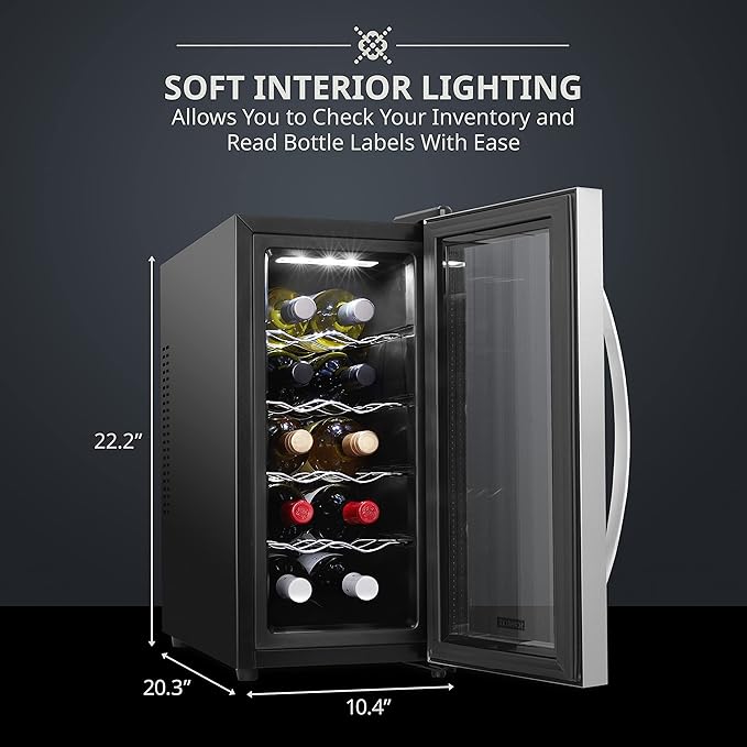 SCHMÉCKÉ 10 Bottle Thermoelectric Wine Cooler/Chiller - Stainless Steel - Counter Top Red & White Wine Cellar w/Digital Temperature, Freestanding Refrigerator Smoked Glass Door Quiet Operation Fridge