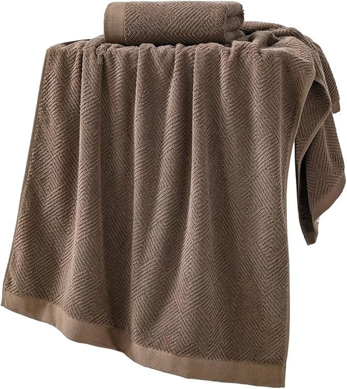sense gnosis Chocolate Bath Towel Set of 2 Premium 100% Cotton Herringbone Striped Weave Ultra Soft Highly Absorbent Bath Towel for Bathroom 27 X 55 Inch