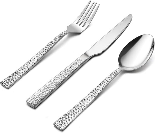 E-far 24-Piece Hammered Forks Spoons and Knives Set, Silverware Set for 8, Stainless Steel Square Flatware Set for Home Kitchen Restaurant, Mirror Polished & Dishwasher Safe