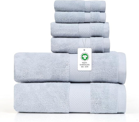 Farm to Home 100% Organic Christmas Bath Towel Set of 6 – GOTS & Oeko-TEX Certified Organic Cotton, Soft, Ultra Absorbent, Quick Dry - Includes 2 Bath Towels, 2 Hand Towels, 2 Washcloths - Sky
