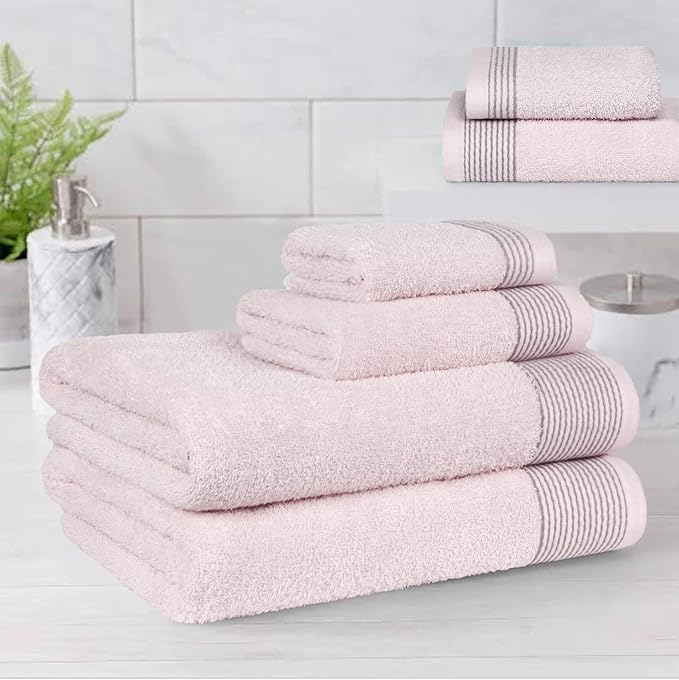 Belizzi Home 100% Cotton Ultra Soft 6 Pack Towel Set, Contains 2 Bath Towels 28x55 inchs, 2 Hand Towels 16x24 inchs & 2 Washcloths 12x12 inchs, Compact Lightweight & Highly Absorbant - Pink