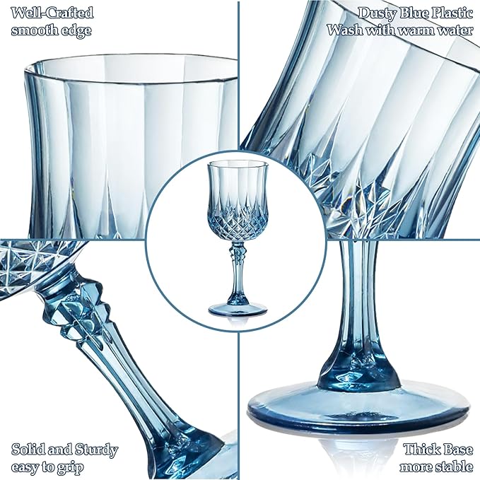 XUWAIDSGN 7oz Plastic Vintage Wine Glasses Drinking Glasses Unbreakable Wedding Glassware Crystal Water Goblets Reusable Drinkware Vintage Champagne Flutes(16, Blue)