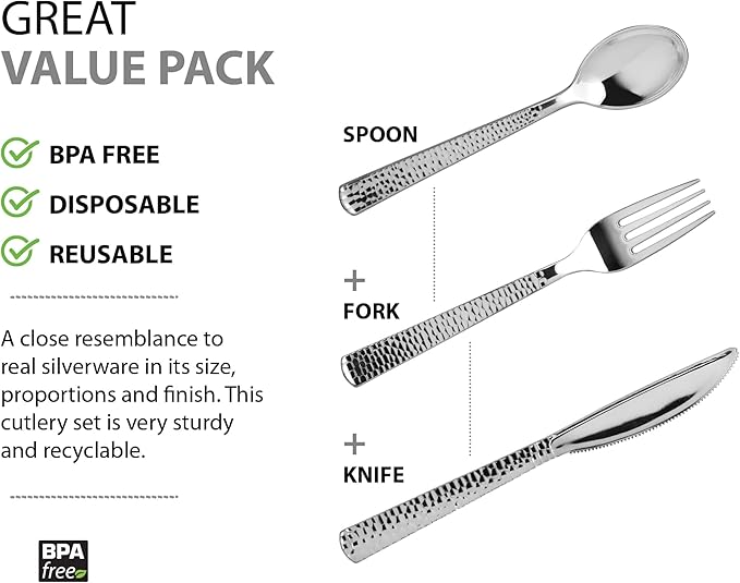 Plastic Cutlery Silverware Extra Heavyweight Disposable Flatware, Full Size Cutlery Combo, Silver Pebbled, 80 Forks, 40 Spoons, 40 Knifes, Value Pack 160 Count