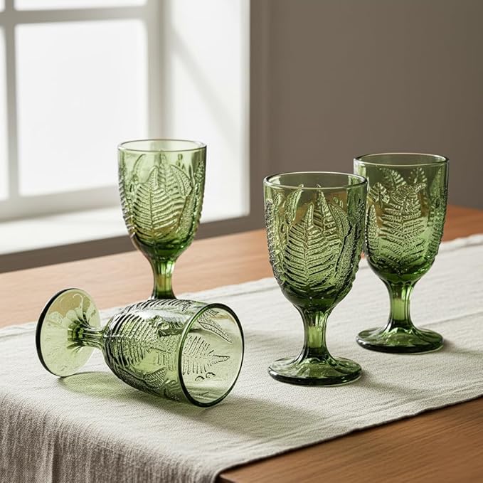 Green Glass Goblets Set of 4, 10 oz Stemmed Wine Glasses, Handcrafted Vintage Green Glassware, Fern Embossed Colored Stemware, Boho Aesthetic Textured Drinkware, Retro Home Decor Christmas Gift Set