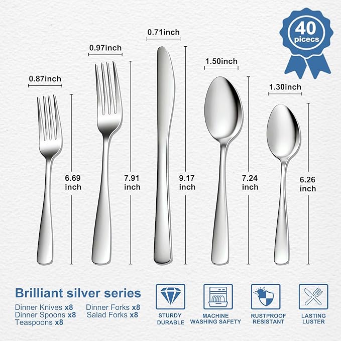 BEWOS 40 Piece Silverware Set - Stainless Steel Silverware Sets for 8 Include Spoon, Forks, Knives, Mirror Polished Flatware Set for Home, Kitchen, Restaurant, Dishwasher Safe