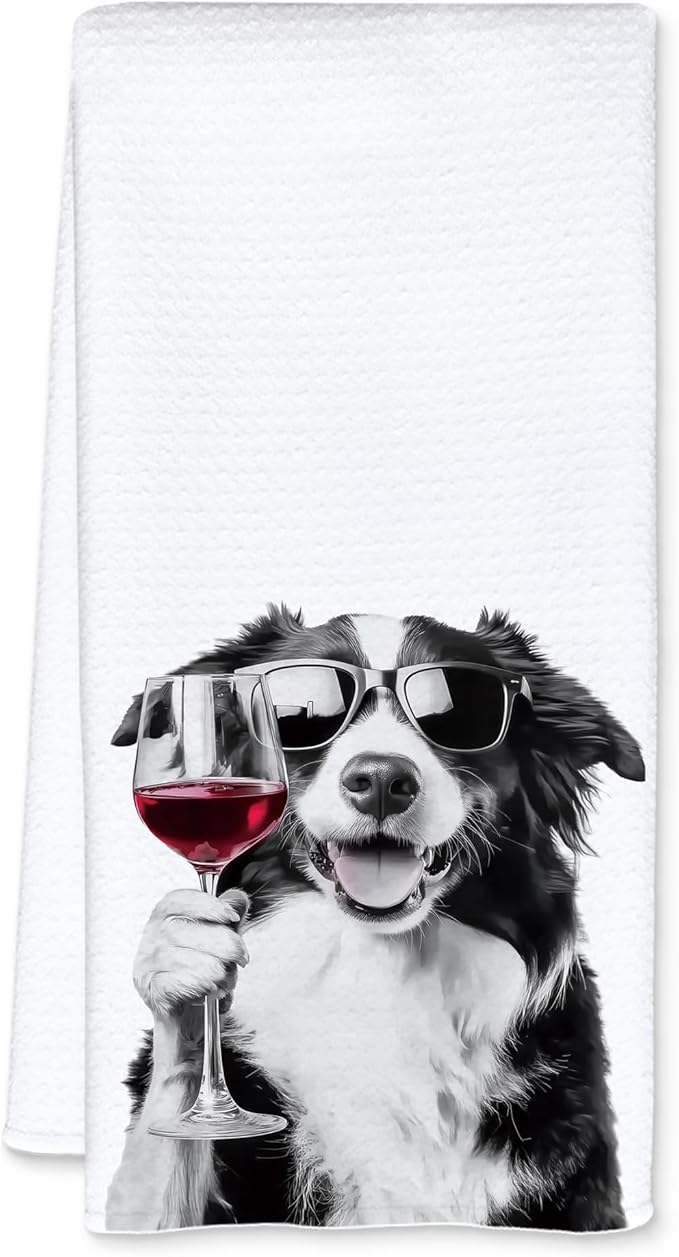 Funny Border Collie Kitchen Towels, Border Collie Gifts Dish Tea Towels for Home Bar Kitchen, Dog Lover Gifts, Wine Lover Gifts, Funny Hand Towels for Bathroom, 16x24 Inch