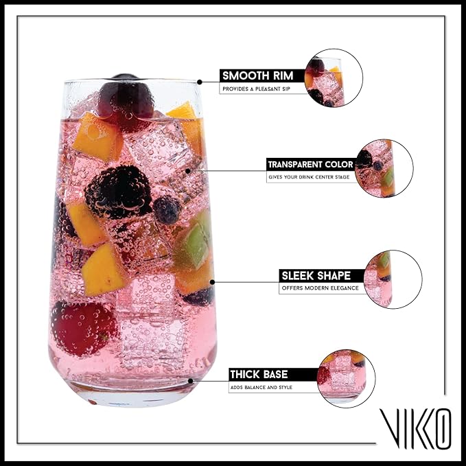 Vikko Drinking Glasses, Glass Cups, Set of 4 Highball Water Glasses 16.25 Ounce, Premium Tall Drinking Glass, Dishwasher Safe DrinkingWare