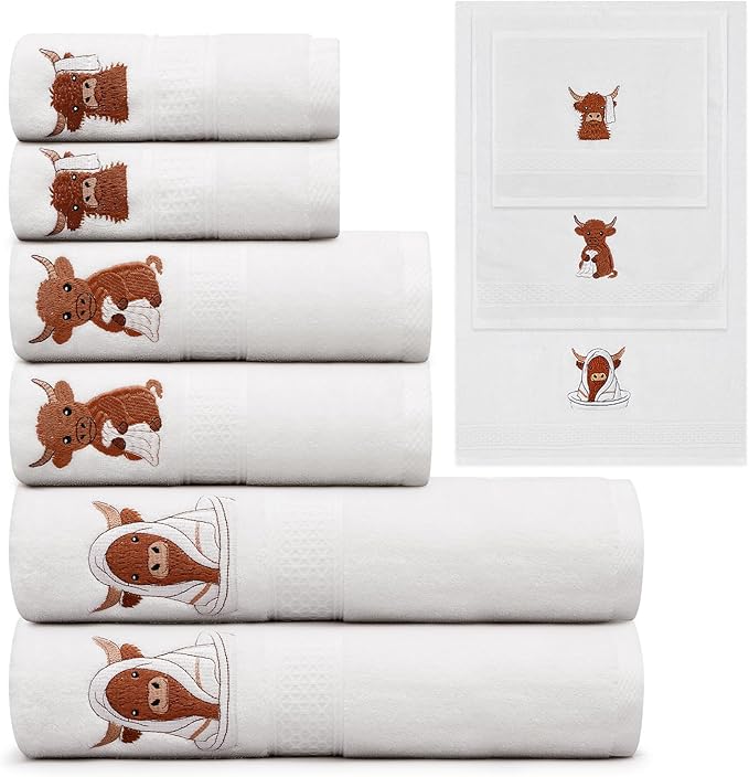 Peryiter 6 Pack Cotton Christmas Bath Towels Set White Highland Cow Towels for Bathroom, Soft and Absorbent, Contains 2 Bath Cloth, 2 Hand Cloth and 2 Washcloths