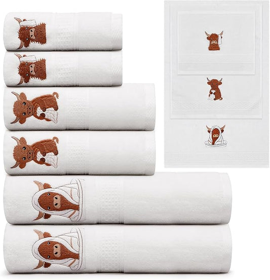 Peryiter 6 Pack Cotton Christmas Bath Towels Set White Highland Cow Towels for Bathroom, Soft and Absorbent, Contains 2 Bath Cloth, 2 Hand Cloth and 2 Washcloths