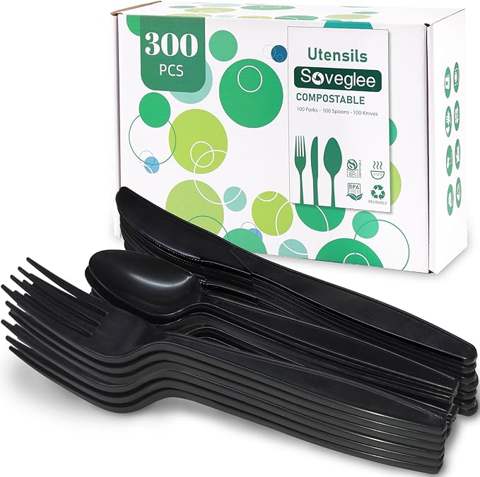 Compostable Utensils, Black Plastic Silverware, Compostable Cutlery 120 Forks 120 Spoons 60 Knives, No Plastic Disposable Silverware, Eco Friendly Disposable Cutlery for Party Office Wedding
