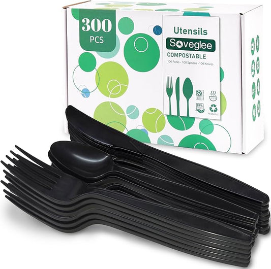 Compostable Utensils, Black Plastic Silverware, Compostable Cutlery 120 Forks 120 Spoons 60 Knives, No Plastic Disposable Silverware, Eco Friendly Disposable Cutlery for Party Office Wedding