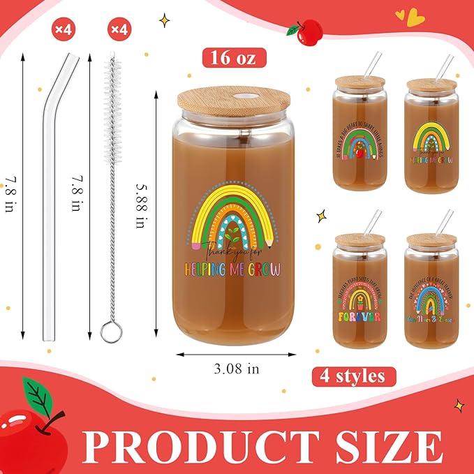 4 Pcs 16 oz Christmas Teacher Gifts for Women Teacher Appreciation Gifts Thank You Coffee Cup Tumbler Drinking Glass Beer Cups with Bamboo Lids Glass Straw Cleaning Brush for Employee Staff(Peppy)