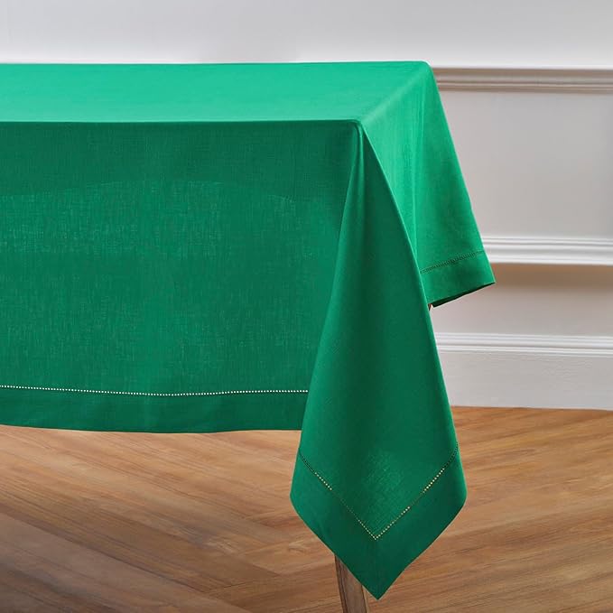 Solino Home Linen Tablecloth 60 x 120 Inch - Classic Hemstitch 100% Pure Linen Emerald Green Table Cloth for Rectangle Tables - Machine Washable Tablecloth for New Year