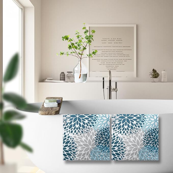Blue Gray Dahlia Flowers Hand Towels Navy Floral Kitchen Towel Soft Decorative Dish Towels Absorbent Durable Tea Towel Set for Bathroom Kitchen Decor Hotel