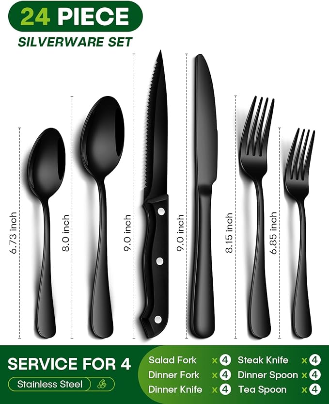 24-Piece Black Silverware Set with Steak Knives Food-Grade Stainless Steel Flatware Set for 4 Mirror Cutlery Include Spoon Fork Knife Set Dishwasher Safe Utensil Sets for Home Restaurant